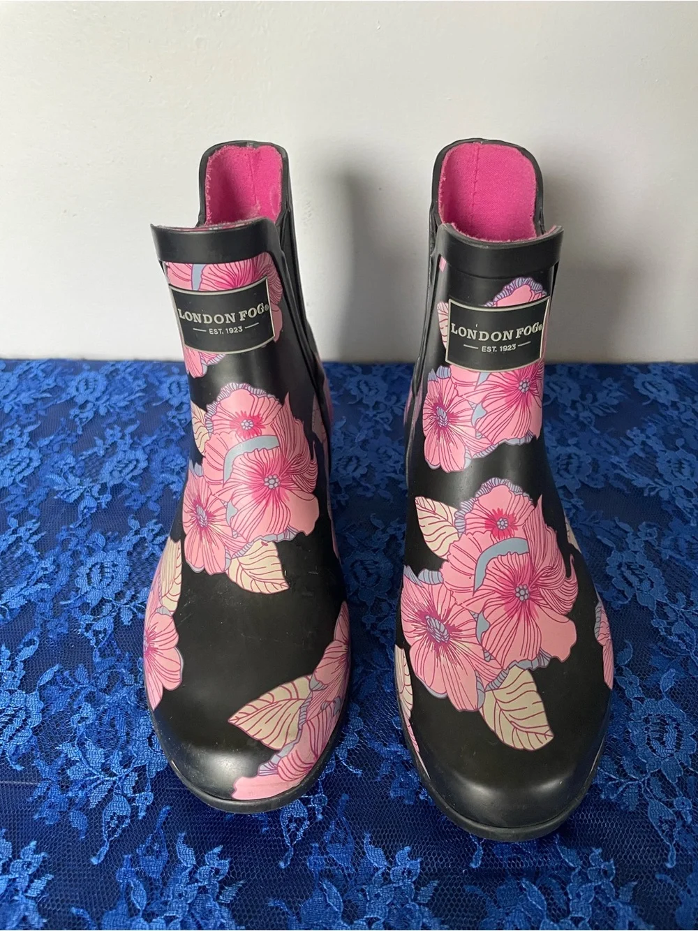 London Fog Women's Ankle Rain Boots with Pink Floral Pattern, Size 7